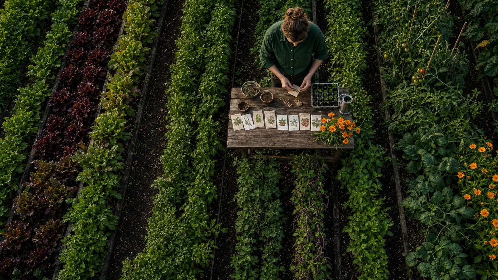 Vue aérienne d’un jardin nourricier CALENDRA structuré en rangs colorés